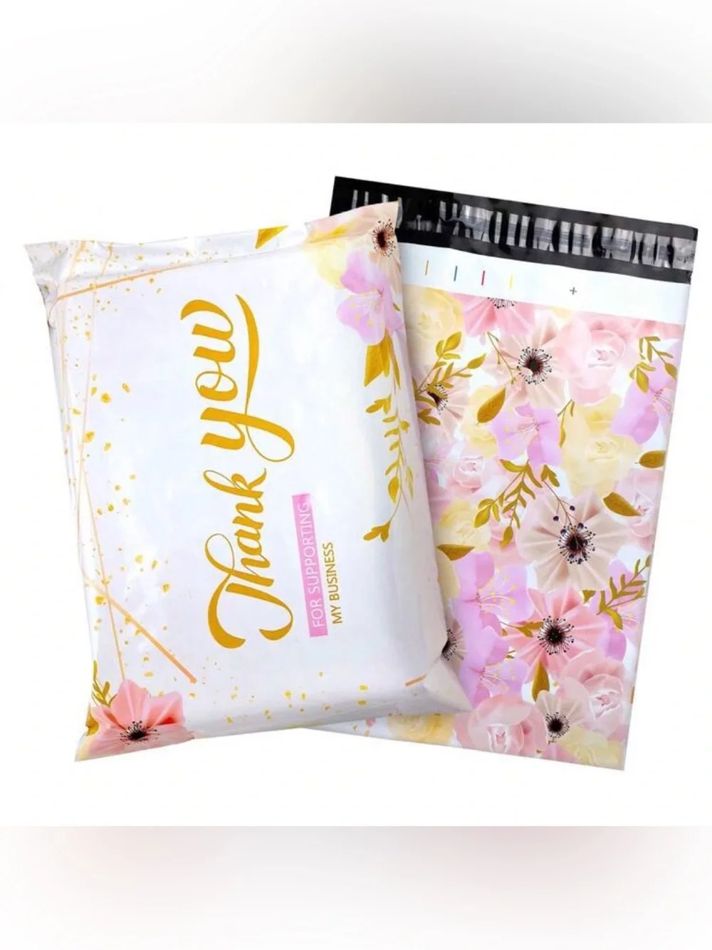 Set of 25 10”x13” Thank You Floral Pink and Gold Poly Mailers